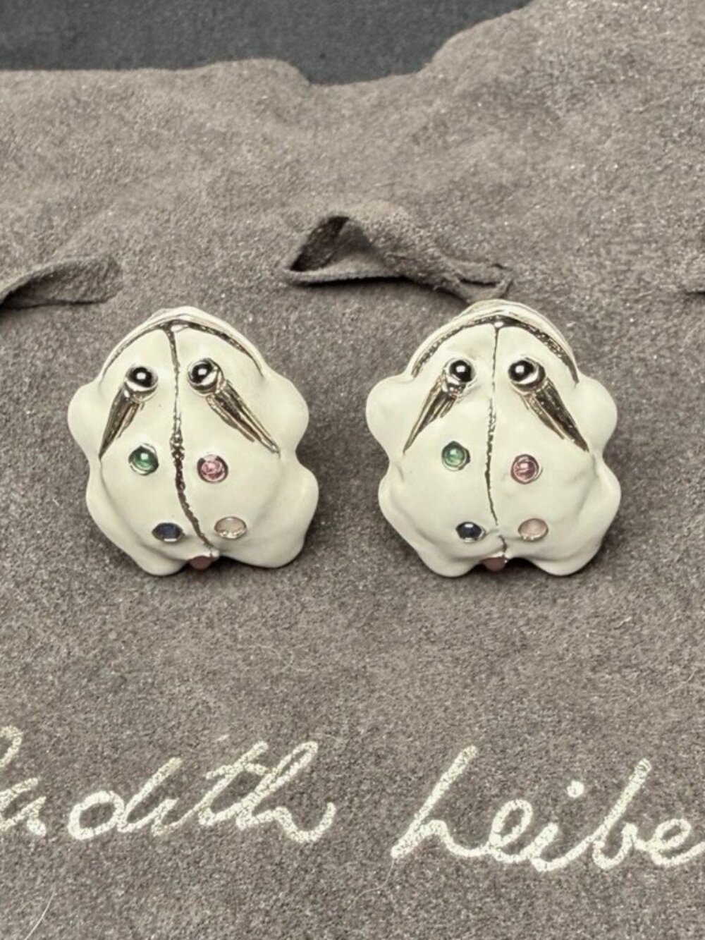 VINTAGE Judith Leiber Gold Plated White Enamel & Cabochon Frog Clip-On Earrings
